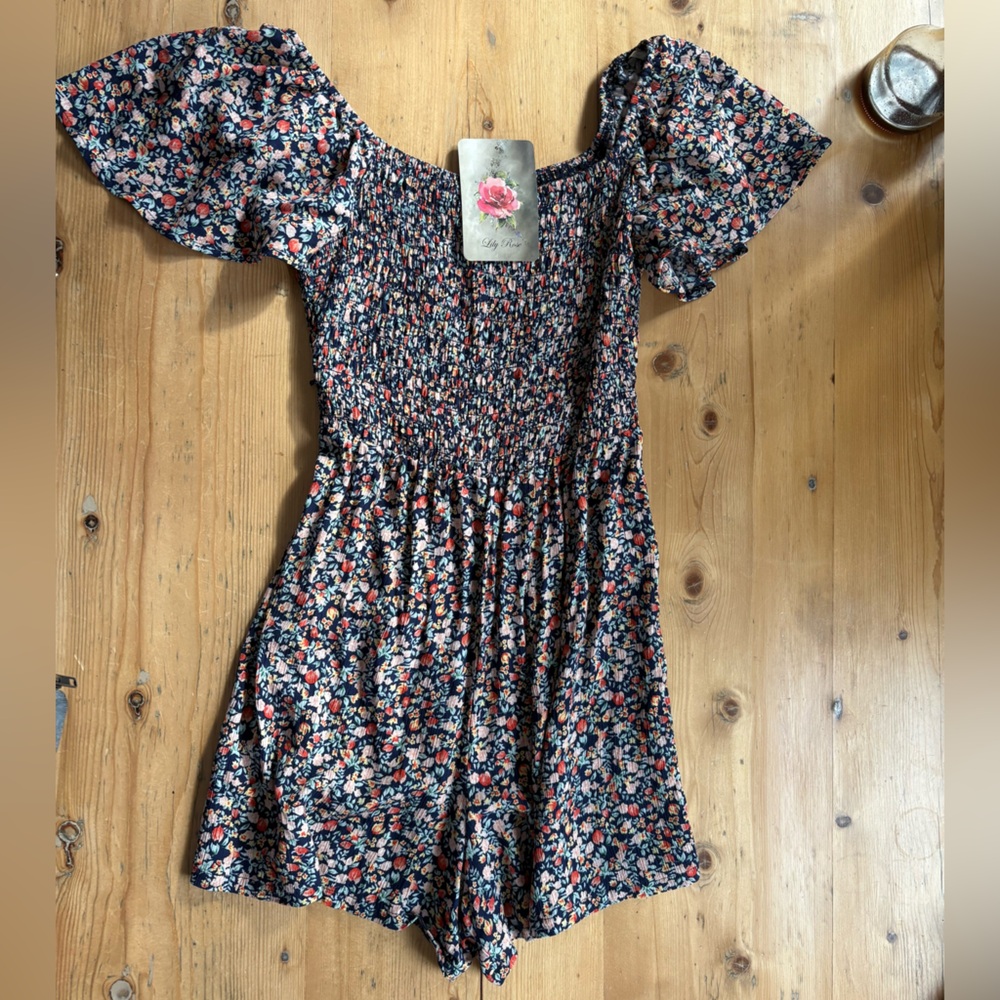 Lily Rose Romper NWT Elastic Smocking Navy Orange Yellow Green Mini Floral XS